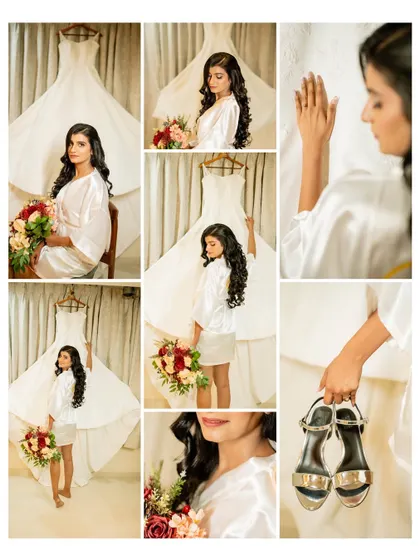A collage of the bride getting ready. It includes portraits with her dress, holding her shoes, and quiet moments of reflection, telling the full story.