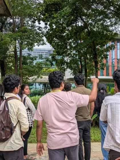 Our design team on a site visit to the JSW Administrative Office at Vasind. Led by the project's Design Director, these hands-on sessions are a crucial part of our internal learning process.