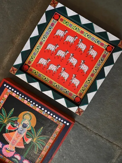 An angled view of two of the blocks, showing how the different patterns and color schemes are designed to complement each other.