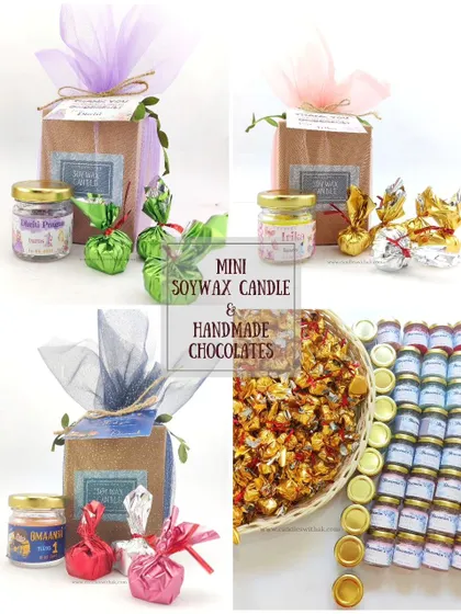 This collage features my mini gift boxes, which combine a small soy wax candle with handmade chocolates. It's a sweet and simple return gift, perfect for birthdays and other celebrations.
