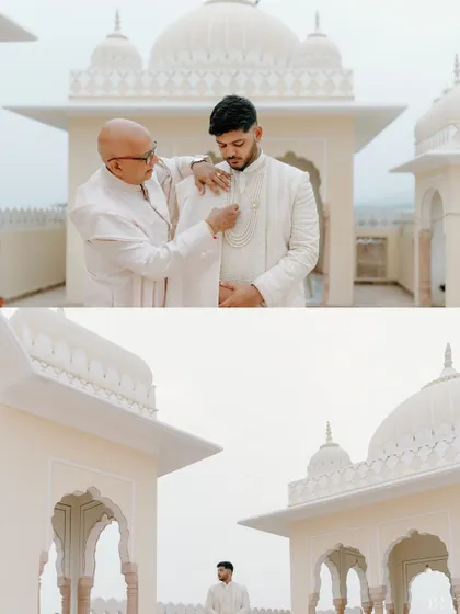 A touching moment between the groom and his father, who helps him with his wedding attire. This collage also features a solitary shot of the groom, capturing both intimacy and independence.