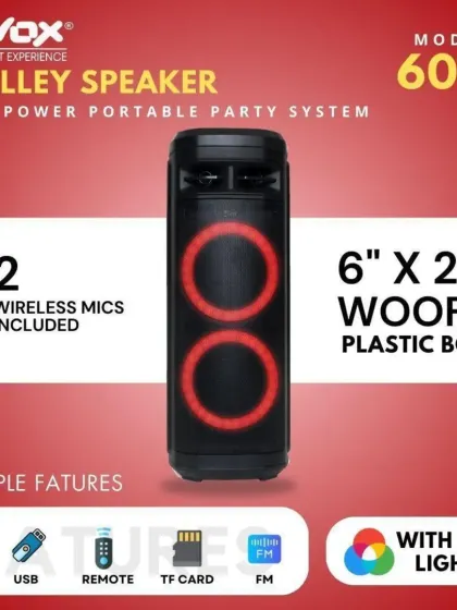 This is my model 6060 trolley speaker. It's a high-power portable system with two 6-inch woofers, RGB lights, and includes two wireless mics for karaoke anywhere.