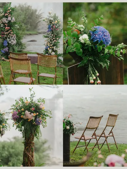 A detailed look at the rustic and elegant decor for the waterfall ceremony. The combination of wicker chairs, vibrant floral arrangements, and the natural setting creates a picturesque scene.