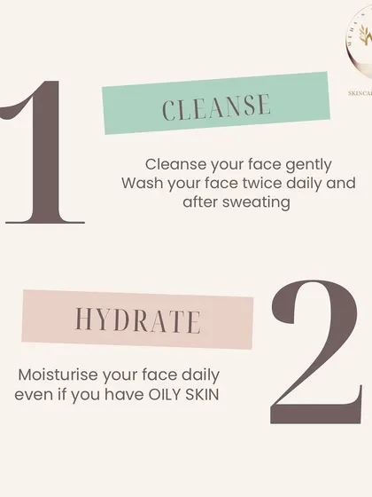 Preventing premature aging starts with the basics. This graphic outlines the first two steps: cleansing your face gently twice a day and hydrating with a daily moisturizer, even if you have oily skin.
