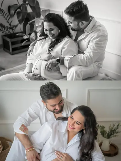 A collage showing both the color and black and white versions of a cozy, intimate maternity pose. This demonstrates how a single moment can be transformed to evoke different moods.