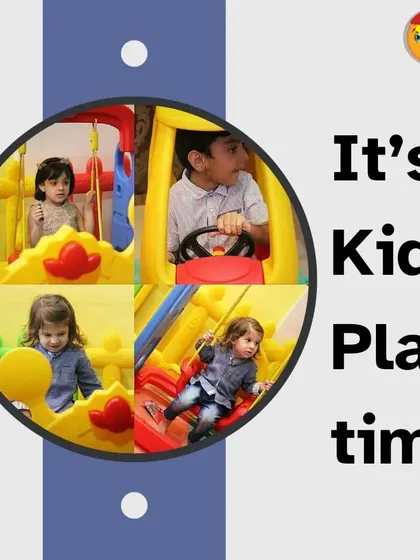 It's kids' playtime. This collage captures close-up shots of children fully engaged and happy, whether they are on a swing, in a ride-on car, or just enjoying the moment.