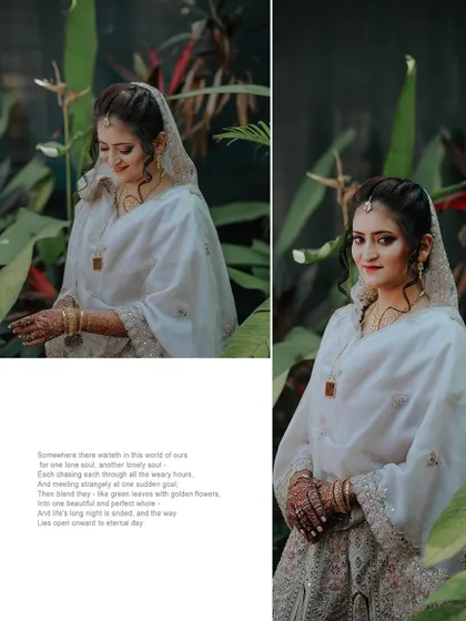A diptych of the beautiful bride on her Nikah day. Her serene smile and elegant white and silver outfit are captured perfectly against the green foliage.