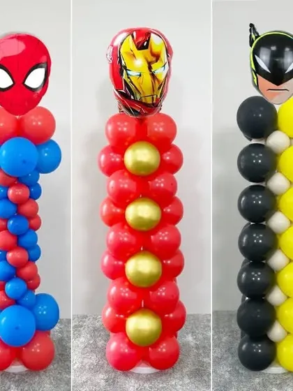 A collection of superhero-themed balloon pillars. I can create pillars for Hulk, Spiderman, Iron Man, Batman, and Captain America to assemble the ultimate superhero party.