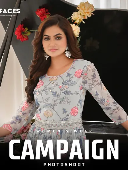 A model poses by a grand piano in a floral dress, blending fashion with classic elegance for a high-end campaign.