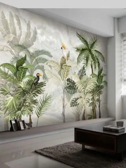 A minimalist tropical wallpaper with green plants and birds against a subtle marble-textured background.