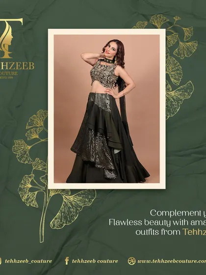 Complement your flawless beauty with this stunning olive green and gold lehenga set. The tiered skirt and embroidered blouse create a look of pure glamour.