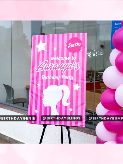 A personalized "Welcome to the Party" sign is a great way to greet guests. This one was designed to perfectly match the pink and white Barbie theme.