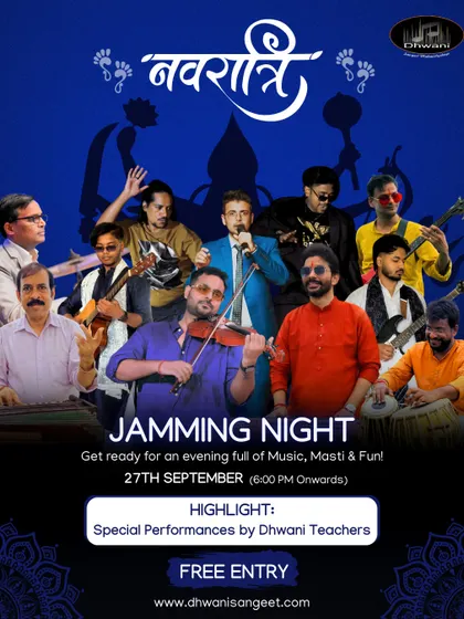 A poster for our Navratri Jamming Night, featuring our talented teachers. We regularly host free events for the community to come and enjoy live music.