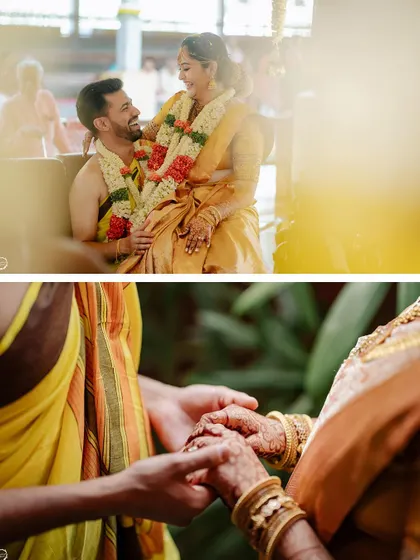 Intimate moments between the bride and groom during their ceremony, capturing their smiles and the gentle holding of hands.