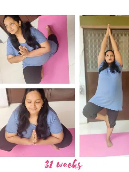 Another beautiful mama at 31 weeks, finding balance in Tree Pose and openness in deep squats.