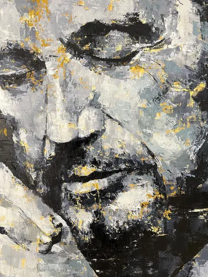 Another detailed look at the Al Pacino portrait. The texture from the palette knife work is prominent here, adding a rugged, tactile quality to the painting.