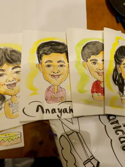 A collection of caricature portraits from a birthday party. This is a wonderful keepsake for guests, capturing their personalities in a fun, animated style.