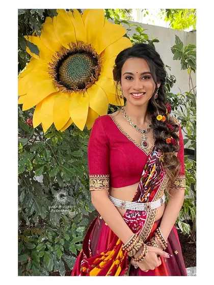 Prathima looking radiant and happy at her haldi ceremony. The makeup is designed to be long lasting and vibrant, perfect for a day of celebration.
