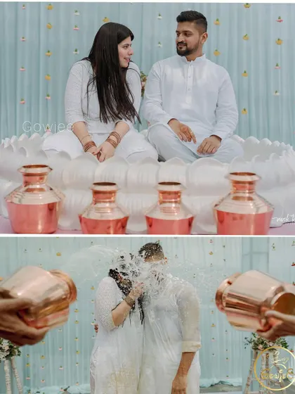 Before and after the splash. A fun collage showing the couple before and during the water-pouring ritual.