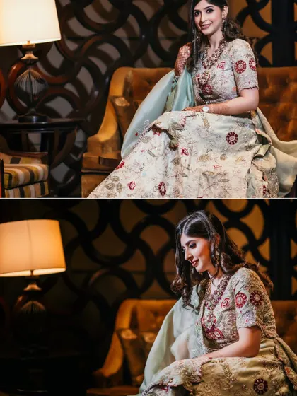 A collage of the bride's portraits in a softly lit, luxurious room. These images have a calm and elegant feel, capturing her poise and the beauty of her outfit.