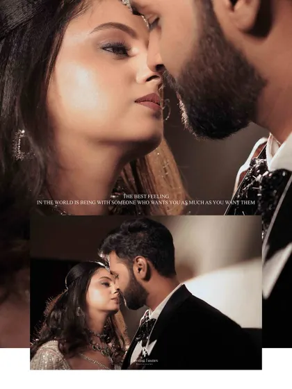 A collage of the couple about to kiss, with a romantic quote about finding someone who wants you as much as you want them.