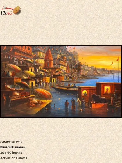 'Blissful Banaras' by Paramesh Paul, capturing a spiritual ceremony on the ghats as the sun sets over the holy river.