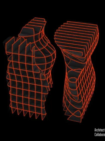 A wireframe diagram showing the parametric geometry of the 'Stradata' installation. This image reveals the digital skeleton that was used to generate the fluid and complex shape of the final structure.