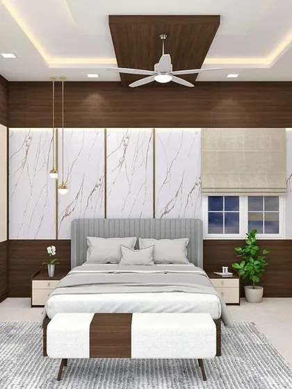 This image highlights the details of the custom furniture, including the upholstered bench at the foot of the bed and the sleek dressing table. Every piece is designed to be both beautiful and functional.