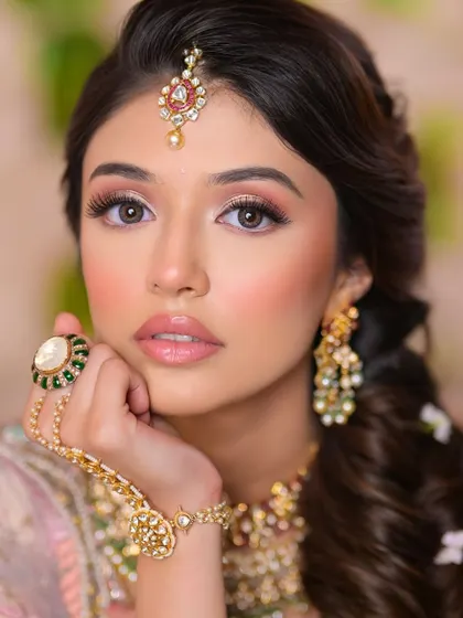 A close-up of another soft bridal look, this time with a focus on glossy lips and delicately defined eyes, perfect for a modern bride.