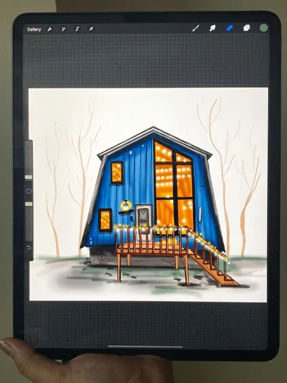 A cozy blue cabin in the woods, illustrated on my iPad. This piece demonstrates how to create atmosphere and warmth using lighting effects and simple textures in Procreate.