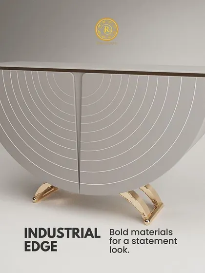 With an industrial edge, this semi-circular console uses bold materials for a statement look. The intricate line work on the doors and unique golden legs make it a piece of functional sculpture.