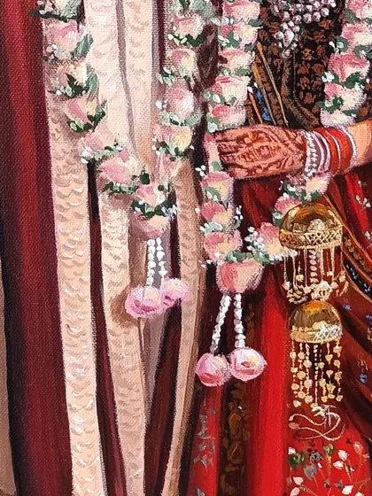 A detail shot focusing on the bride's henna and the groom's sherwani. These small, realistic details are what make the painting a true representation of the day.