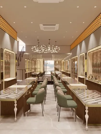 Another render of the jewellery showroom, highlighting the custom display niches and the warm, inviting lighting scheme. Our goal was to create a space that feels both opulent and comfortable for browsing.