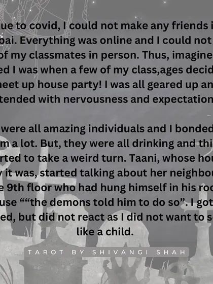 A story of a house party where a group visits the apartment of a boy who had hung himself, leading to nightmares and a lingering spiritual presence.