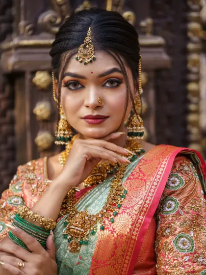 A powerful and direct pose from a South Indian bride, showcasing the flawless eye makeup, contour, and traditional jewellery.