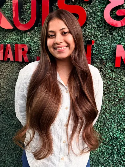 A happy bride-to-be after her brunette hair transformation. Her smile says it all.