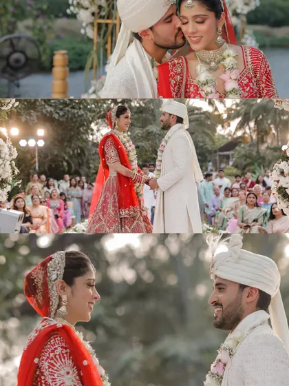 A collage of emotional and happy moments from a wedding ceremony, from kisses to loving looks.