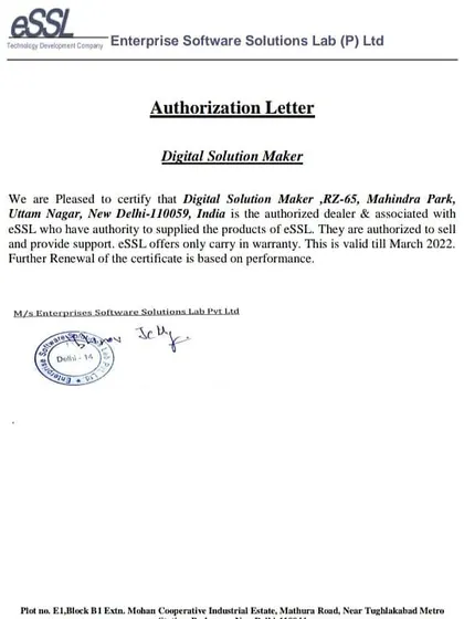 This is my authorization letter from eSSL, certifying that my company, Digital Solution Maker, is an authorized dealer and service provider for their security products.