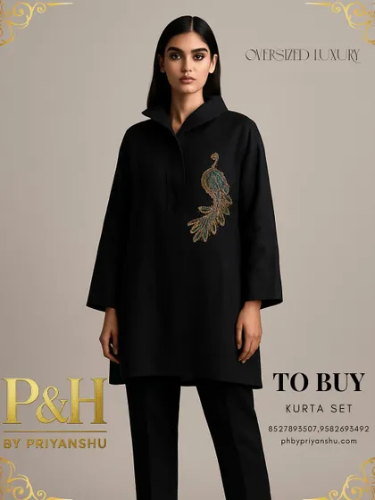 A full-length view of the black linen kurta set, capturing the model's poised stance and the garment's modern, minimalist appeal.