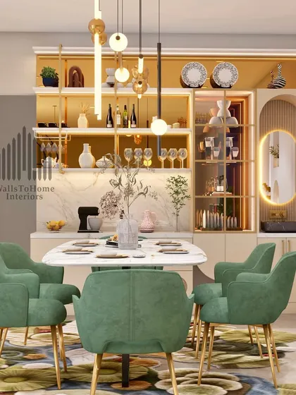 This dining area is a statement in functional luxury. We paired plush green chairs with a marble-top table and a custom crockery unit featuring integrated lighting and a built-in wash basin for ultimate convenience.
