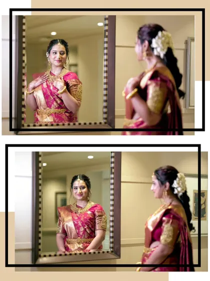 A lovely diptych of the bride looking in the mirror. This classic getting-ready shot captures her reflection and her serene expression as she prepares for her big day.