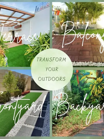 We can transform any of your outdoor spaces. This collage shows examples of our work on terraces, balconies, front yards, and backyards, showcasing our ability to bring beauty to every corner of your property.