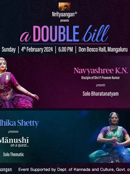 The official poster for 'A Double Bill' event in Mangaluru, where I was honored to present a solo Bharatanatyam recital.