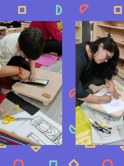 The process of creating is just as important as the final product. Here, parents and children are cutting and coloring the different parts for their paper puppets.