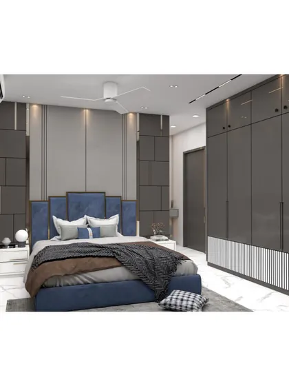 A 3D render of a bedroom with a sophisticated grey and blue color scheme. The wall paneling behind the bed adds a geometric element, while the glossy wardrobe doors provide a sleek, modern finish.