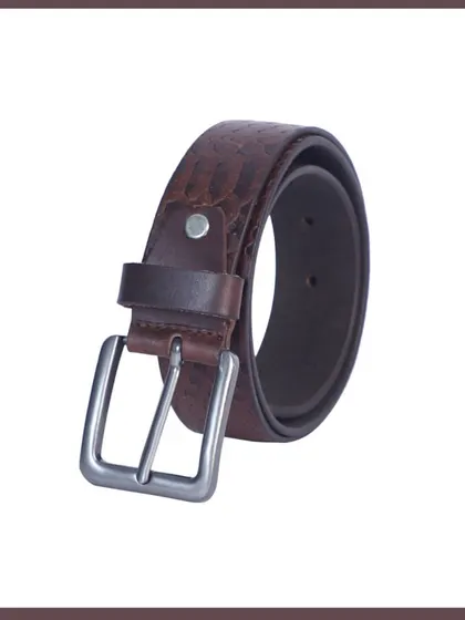 A coiled view of a textured brown leather belt, highlighting its premium look and feel.