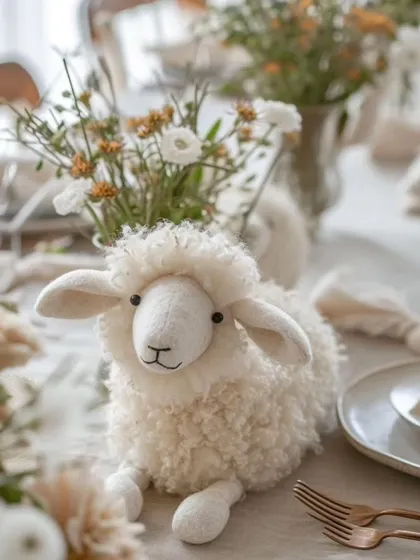 A Pinterest-dream baby shower centerpiece. This adorable plush sheep is a perfect, whimsical detail for a beautifully styled table.