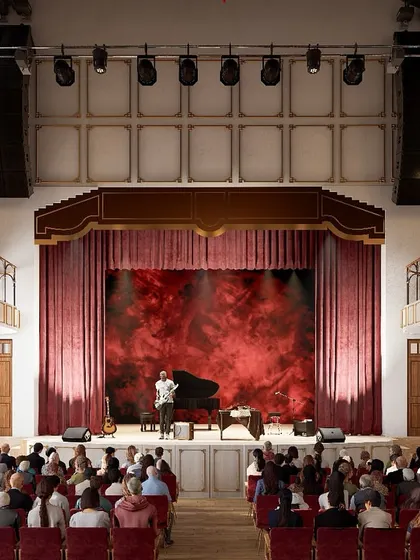 The view from the audience at the reimagined Parker Hall. Our retrofit design focused on creating an intimate yet grand performance experience, ensuring every seat has a great view and connection to the stage.