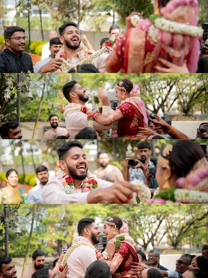 The fun and games of a South Indian wedding. Suhaashini and Preetham's garland exchange was full of laughter and friendly competition, a beautiful candid moment.