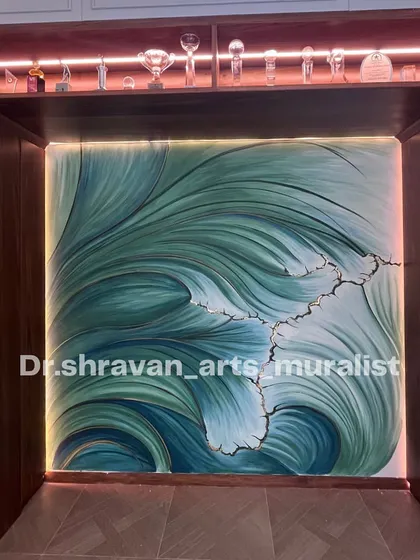 It's always a bliss to create and learn. For this project, we created an abstract wave mural with gold foil accents inside a beautiful wooden bookcase nook. It was an honor to work on this piece for the CEO of Britannia's residence.